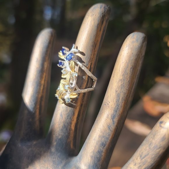 Sapphire & aquamarine sterling & gold finger cuff sz6.5 - Picture 4 of 11